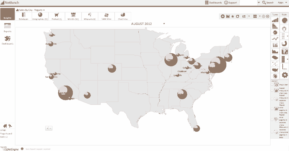 NetBench program view showcasing a map with graphical representation pins